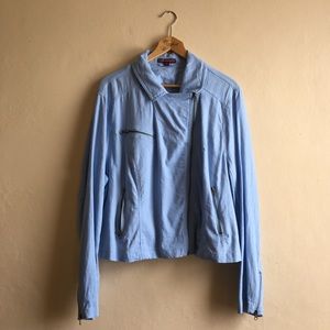 Plus size asymmetrical pastel blue linen jacket